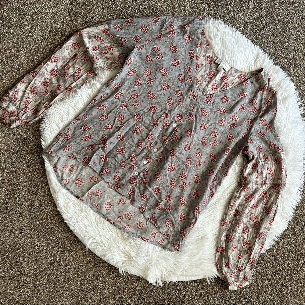 Lucky Brand‎ Top Button Front Floral Gray Red Lightweight Womens Size Small
